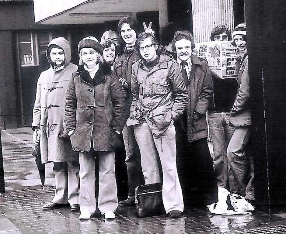 Swansea branch members about to set off on a minibus to Penrhos Court Brewery in Herefordshire, with founding member John Simms at front centre.